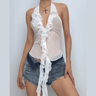 Halter v neck ruffle mesh crop top