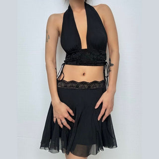 Lace hem A line mesh solid mini skirt