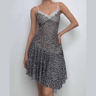 Leopard print lace hem mesh v neck cami mini dress