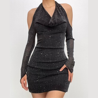 Long sleeve off shoulder halter cowl neck glitter mesh mini dress