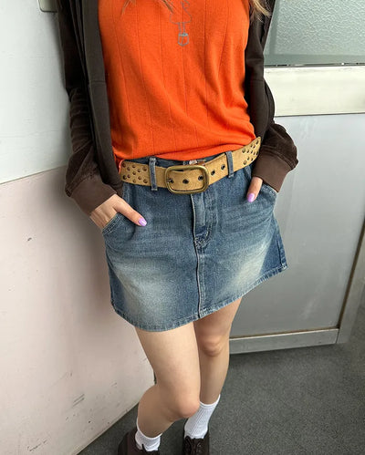 Hip flap pocket mini denim skirt
