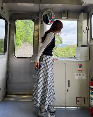 Checked banded long skirt