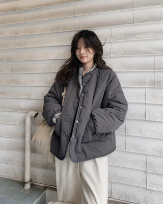 Down jacket x fleece reversible high-neck jacket