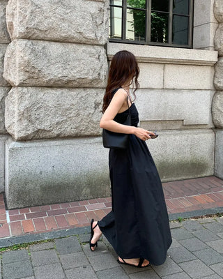 Side-tucked flared long dress