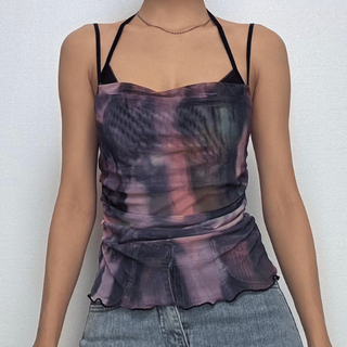Halter tie dye mesh ruched 2 piece top