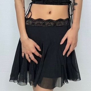 Lace hem A line mesh solid mini skirt
