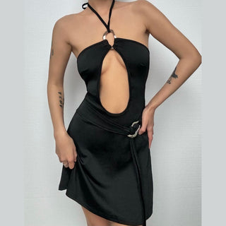 Halter metal ring hollow out cut out mini dress