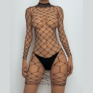 Long sleeve high neck fishnet hollow out lingerie set