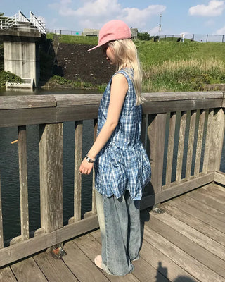 Checkered frill ribbon dress
