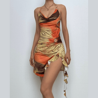 Halter print cowl neck o ring ruffle mini dress