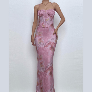 Halter print ruched bustier high slit knotted maxi dress