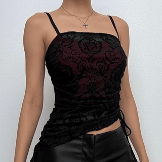 Lace drawstring ruched patchwork cami top