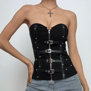 PU leather patchwork buckle zip-up tube top
