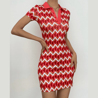 Short sleeve contrast turnover collar button mini dress