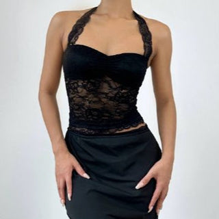 Lace hem halter self tie ruched backless top