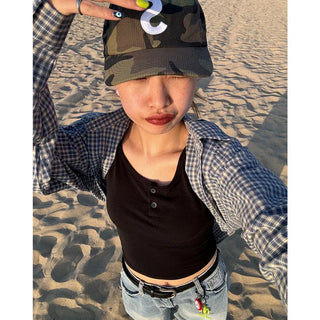 2-button round short-sleeved T-shirt