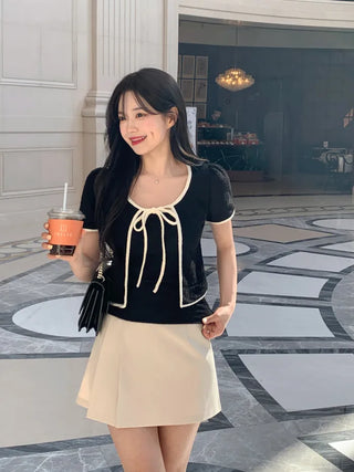 [2pcs] Tweed Ribbon Sleeveless Cardigan Set