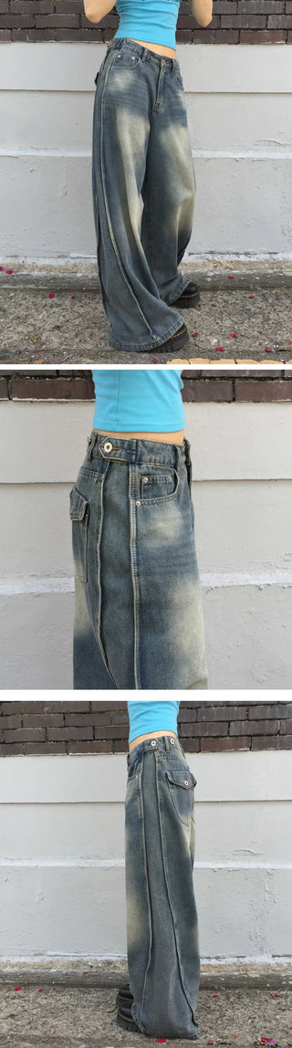 Adjustable waist/length, side Split , pin tuck , Faded denim pt - 3 colors