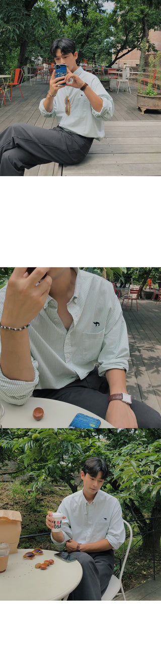 Camel Embroidered Striped Oxford Shirt