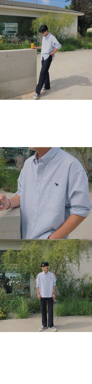 Camel Embroidered Striped Oxford Shirt