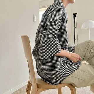 Linen check open collar shirt