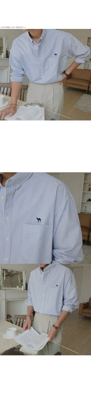 Camel Embroidered Striped Oxford Shirt