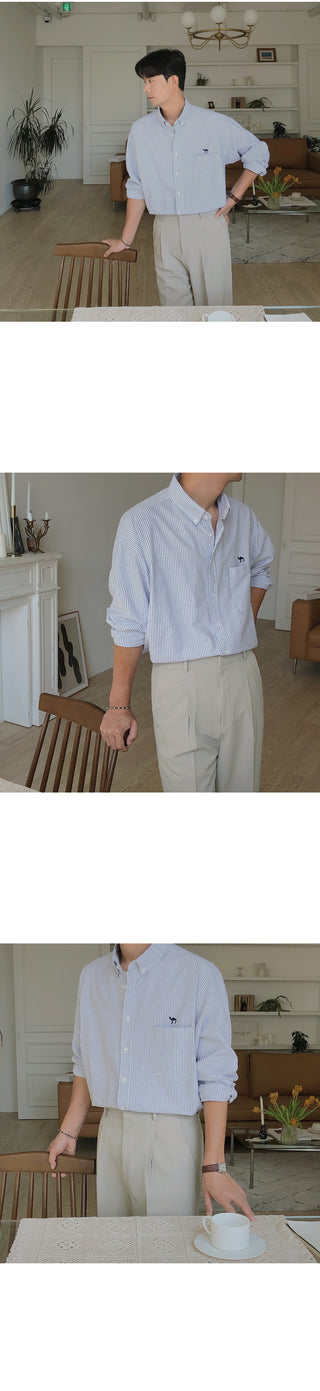 Camel Embroidered Striped Oxford Shirt