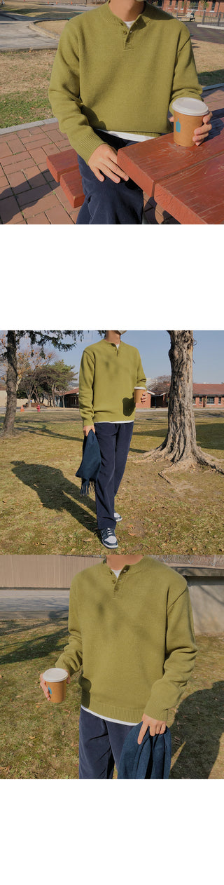 Relaxed Lambswool Henley Neck Knit