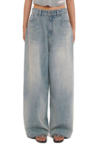 [Moromoro2] Rhinestone Bow Embroidered  Denim