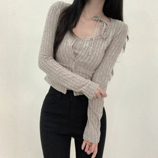 [SET] Ribbed Strap Cropped Knit Sleeveless Top and Cardigan Set