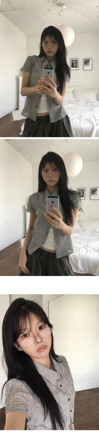 New York Shirring Short Sleeve Check Blouse BL - 2 Colors