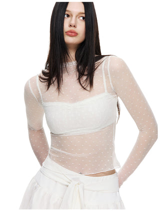 [NECY] Love Dot Lace Inner Top & Bat Sleeve Tie Cardigan