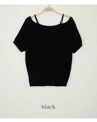 Shoulder strap slit off-shoulder summer short-sleeved knit