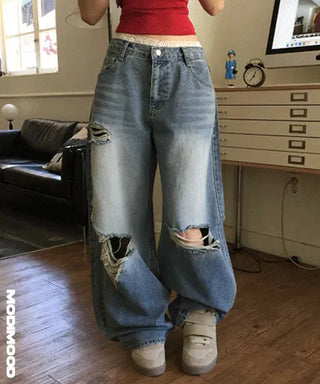 Thunder Real Balloon Damaged Wide Denim Pants