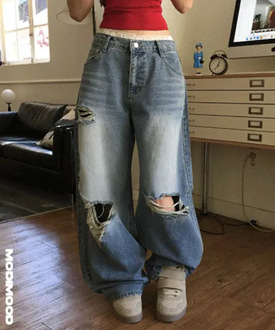 Thunder Real Balloon Damaged Wide Denim Pants