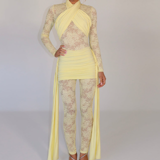 Long sleeve ruched lace patchwork jumpsuit