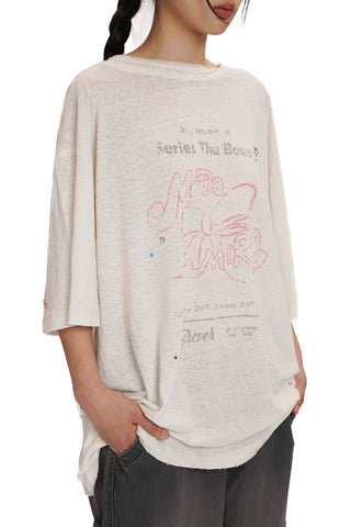 [Moromoro2] Washed Bow Graffiti Rhinestone Oversized  Tee