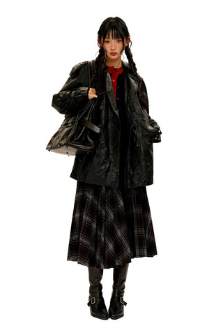 [Moromoro2] Retro Plaid Wool Blend Pleated  Skirt