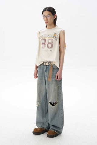 [MASONPRINCE] Washed Distressed Wide Leg Jeans
