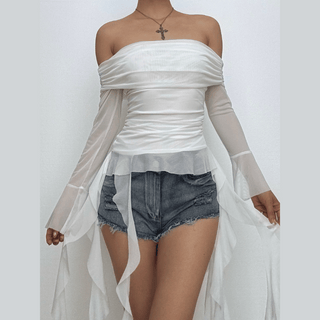 Long flared sleeve off shoulder mesh ruffle solid top