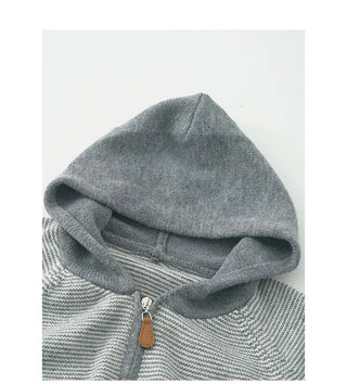 Striped two-way zip-up hooded knit sweater