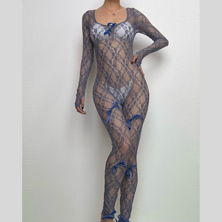 Long sleeve see through bowknot lace jumpsuit