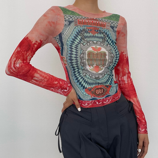 Long sleeve crewneck contrast abstract mesh top