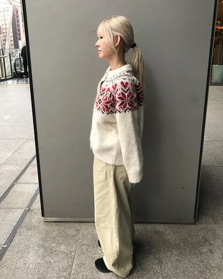 Colored Neck Nordic Knit Cardigan