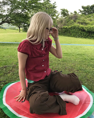 Checked shirred short-sleeved blouse