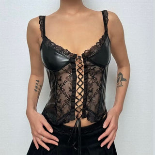 Lace hem v neck PU leather solid cami top