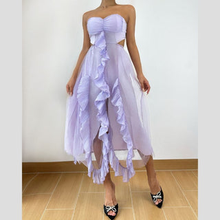 Sweetheart neck ruffle slit tube midi dress