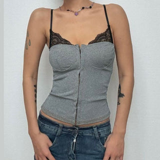 Ribbed lace hem button cami top