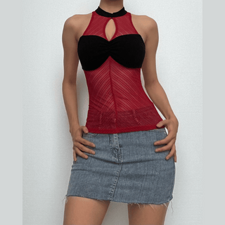 High neck ruched hollow out mesh zip-up tank cut out top