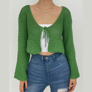 V neck self tie knit crochet long sleeve solid crop top